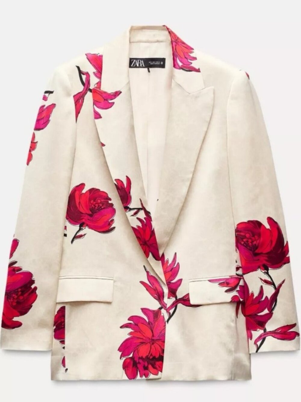 NWT Zara SS24 White Red Floral Print Satin Effect Blazer XS 8092/155
